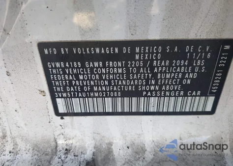 2017 Volkswagen Golf Gti Autobahn 4-Door/S 4-Door/Se 4-Door/Sport 4-Door из США, поврежденный, VIN 3VW5T7AU1HM027088